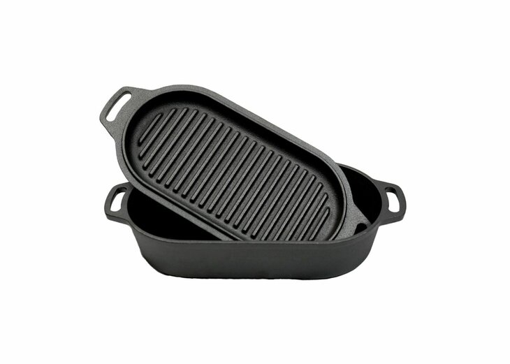 Valhal Dutch Oven Braadpan Gietijzer met Grill Deksel Ovaal 2 Liter
